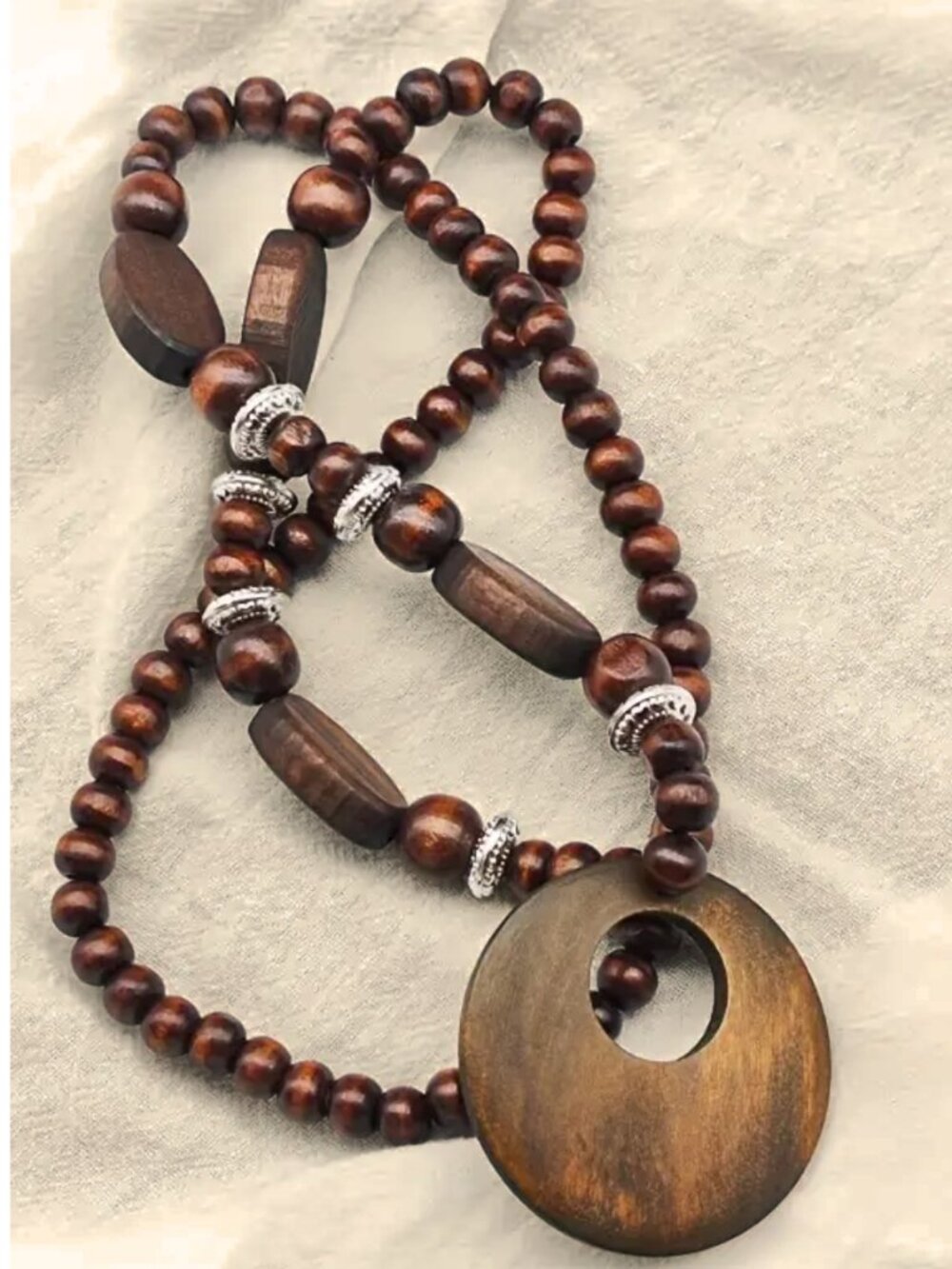 NWT Boho Wooden Bead Statement Necklace Long Layered Ethnic Tribal Pendant